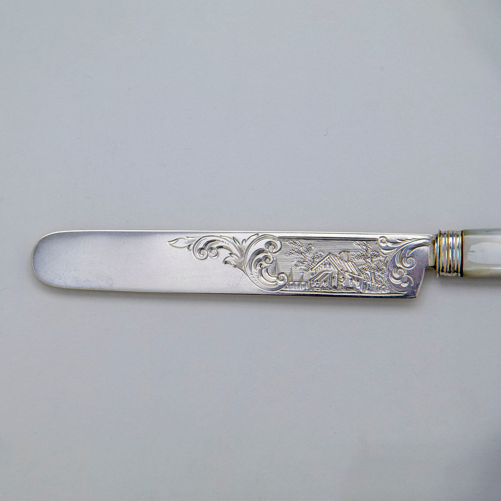Example of engraving on Tifft &amp; Whiting Six Coin Silver/ Mother-of-Pearl Luncheon Knives, North Attleboro, MA, c. 1860