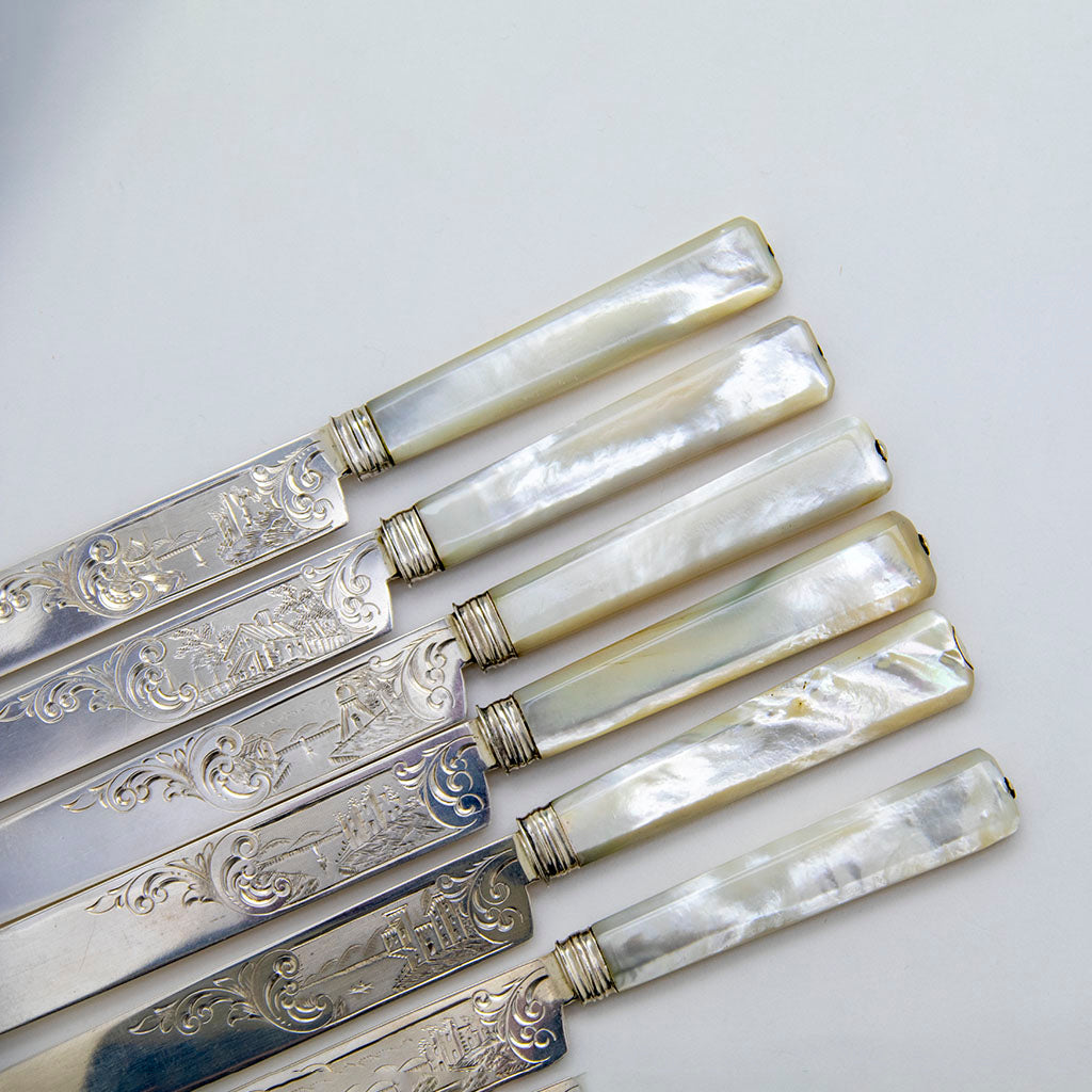 Handles and engraving on Tifft &amp; Whiting Six Coin Silver/ Mother-of-Pearl Luncheon Knives, North Attleboro, MA, c. 1860