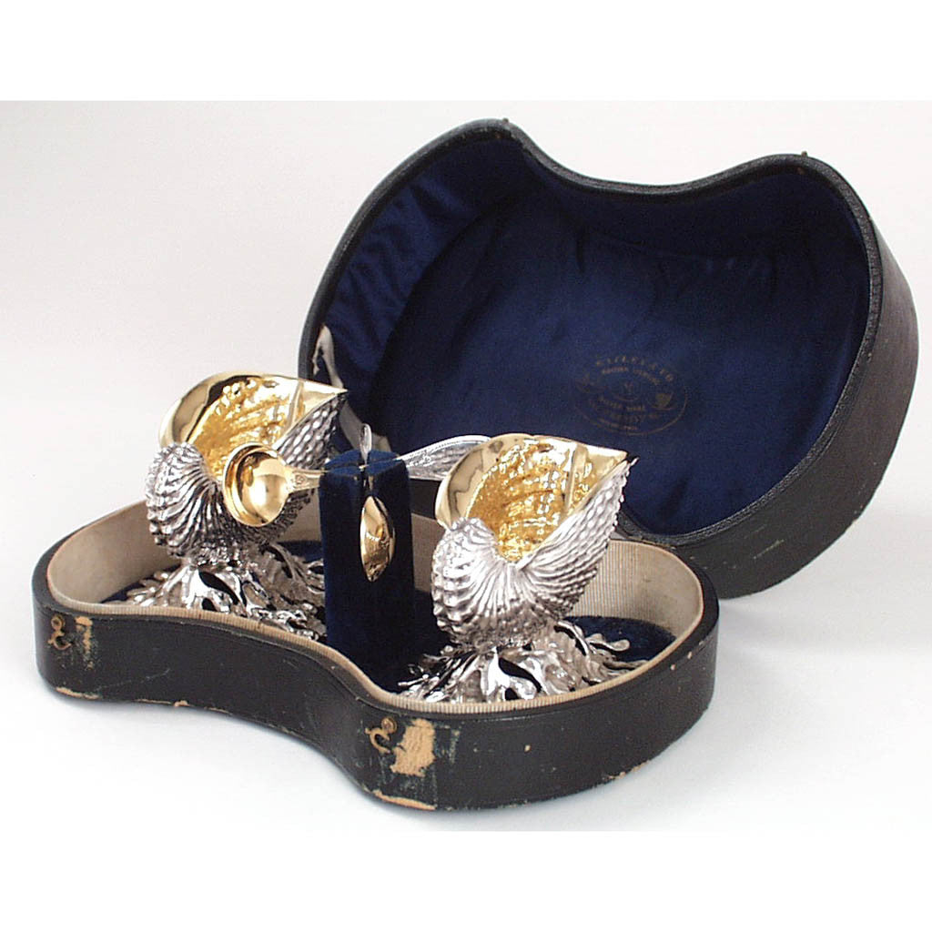 Bailey &amp; Co. Pair of Sterling Silver Nautilus - Form Salt Cellars in the Original Box, c. 1865