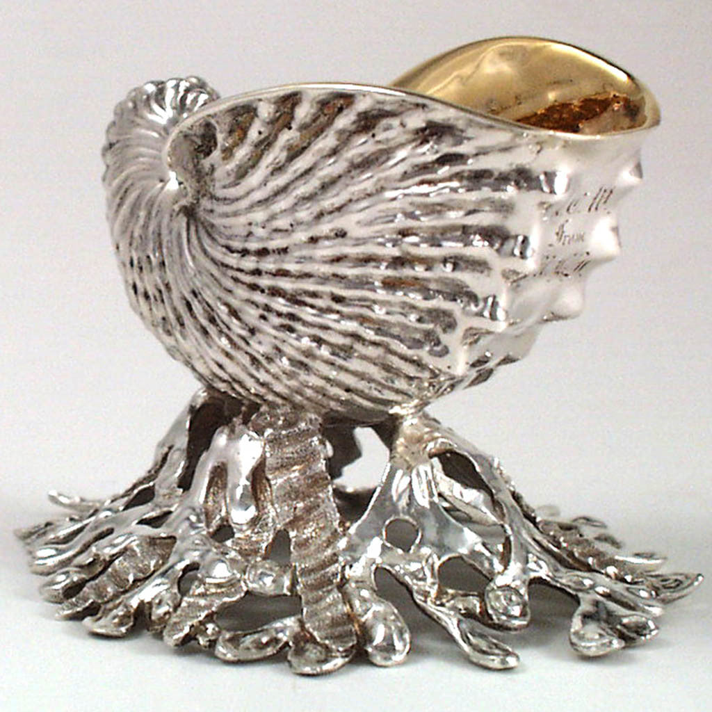 Base of Bailey &amp; Co. Pair of Sterling Silver Nautilus - Form Salt Cellars in the Original Box, c. 1865