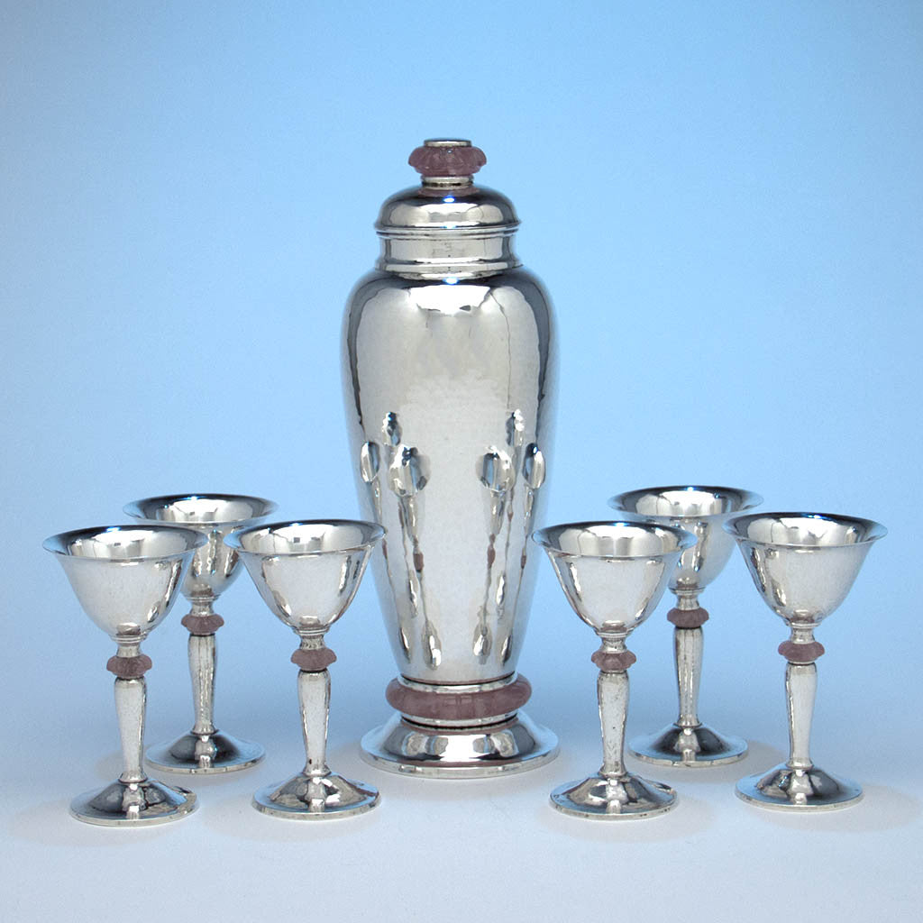 Charter Company Sterling Silver and Rose Quartz Art Deco Cocktail Service, Wallingford, CT, late 1920's