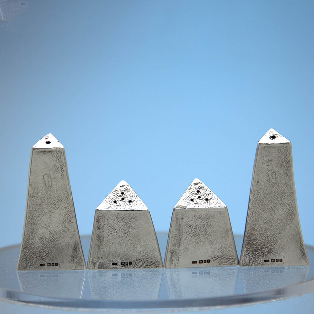 Backs of Two Pair of Modern English Sterling Silver Figural Salt and Pepper Shakers, Iain David Young, London - 1991