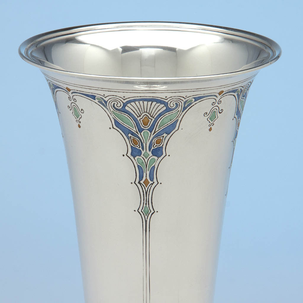 Enamel detail Tiffany &amp; Co Sterling and Enamel Art Deco Vase, New York, c. 1920&#39;s