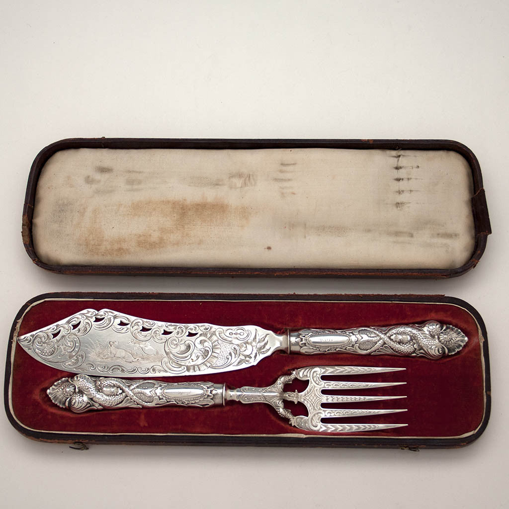 Albert Coles Antique Coin Silver Figural Fish Serving Set, NYC, c. 1850's
