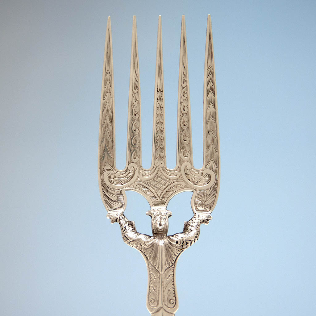 Tines to Albert Coles Antique Coin Silver Figural Fish Serving Set, NYC, c. 1850&#39;s