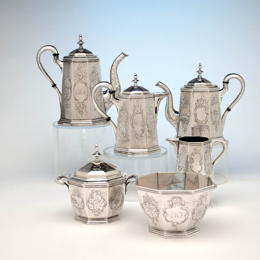Obadiah Rich (attr.) 6-piece Antique Coin Silver Coffee and Tea Service, retailed by Lows, Ball &amp; Company, Boston, c. 1840, owned by Charles L. Wilson