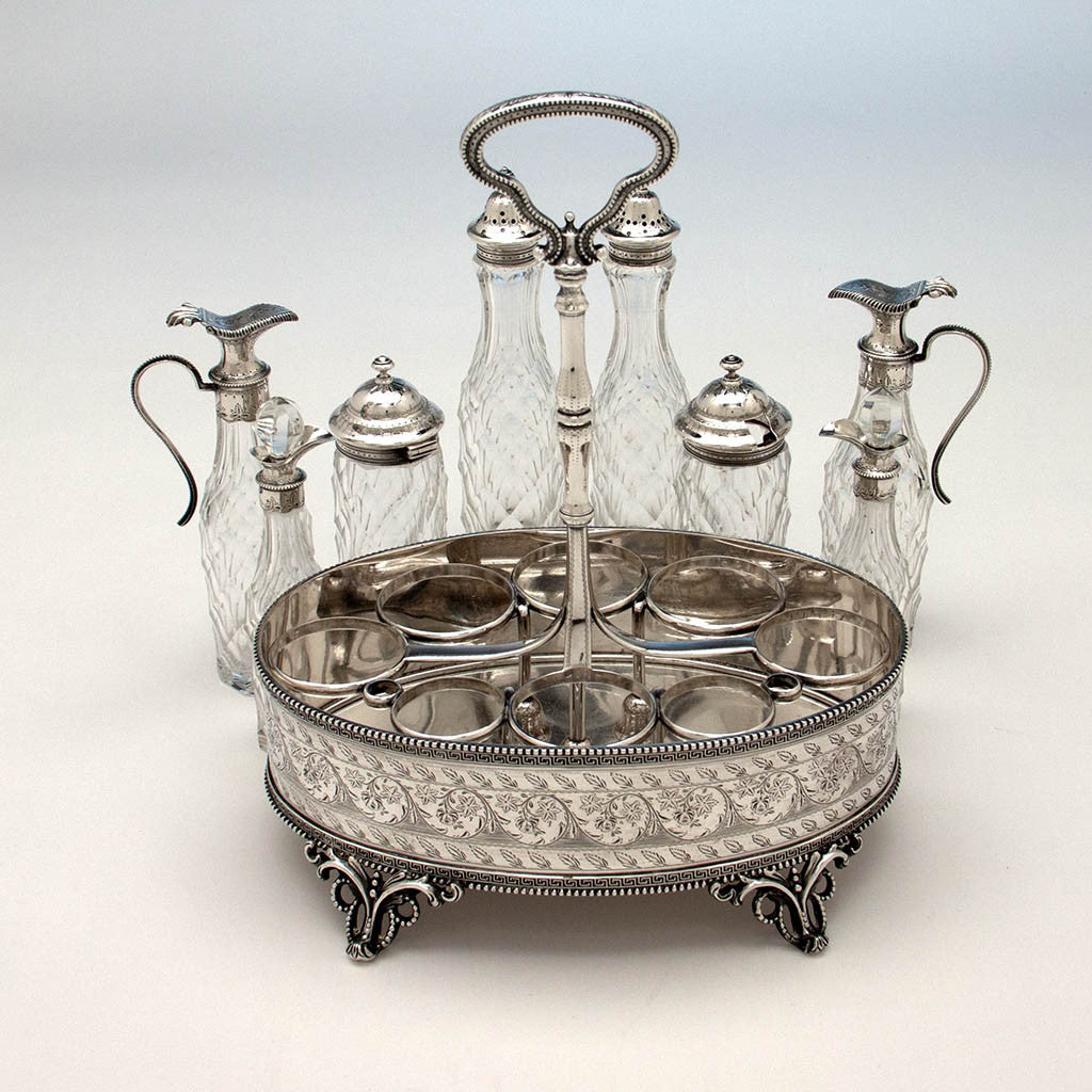 Interior frame of Bailey &amp; Company Antique Coin Silver 8-bottle Cruet Set, Philadelphia, 1852-55