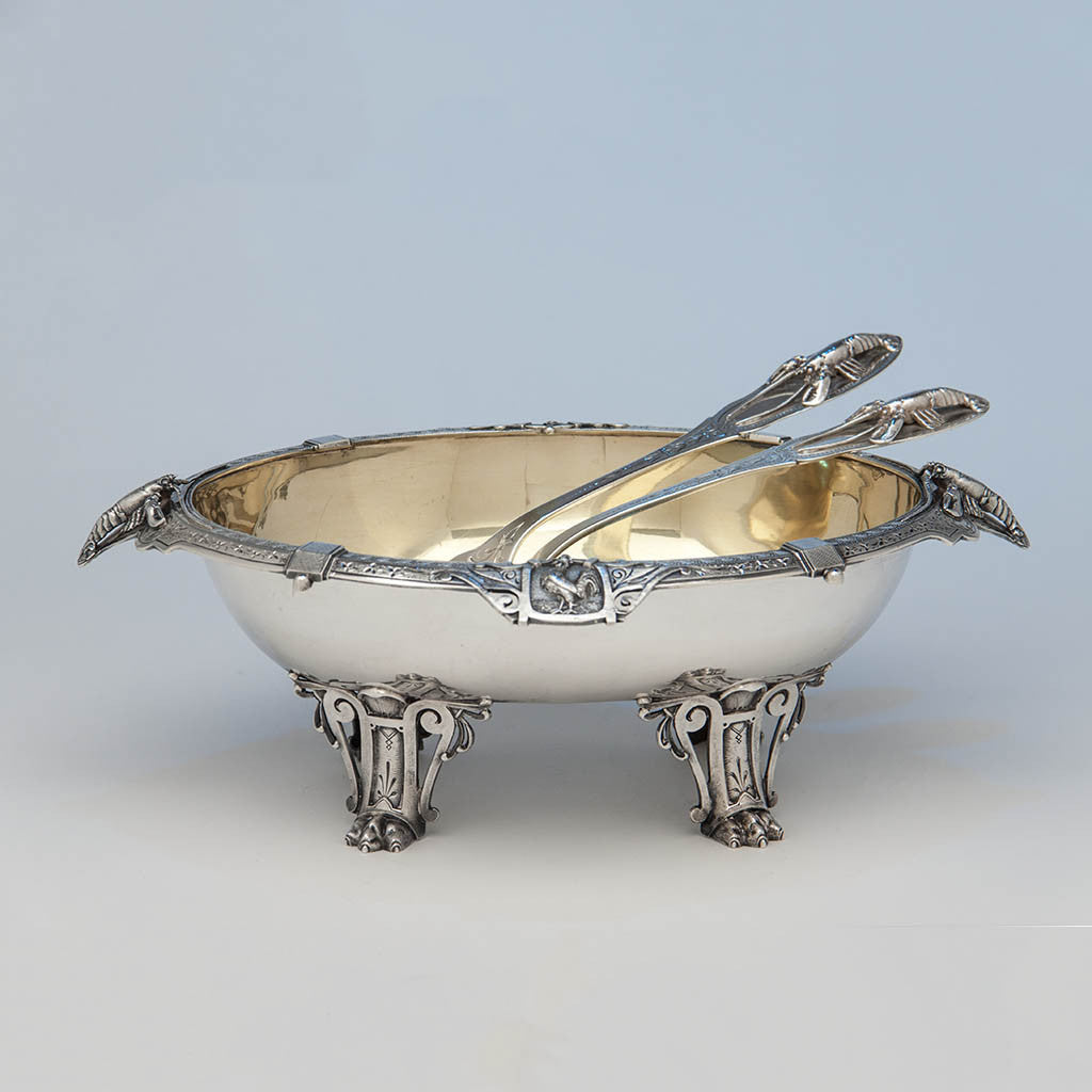 Peter Krider Antique Sterling Silver Figural Salad Bowl with Krider & Biddle Servers, Philadelphia, c. 1870