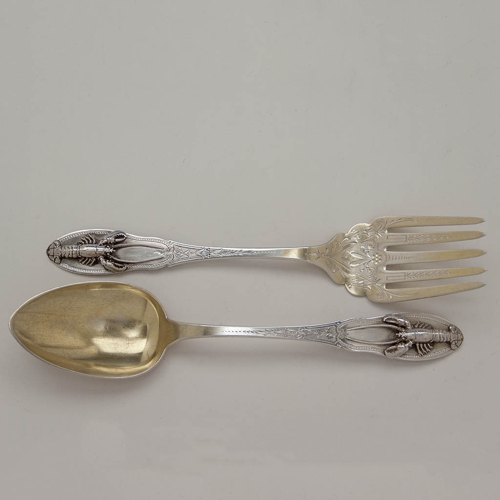 Servers to Peter Krider Antique Sterling Silver Figural Salad Bowl with Krider &amp; Biddle Servers, Philadelphia, c. 1870