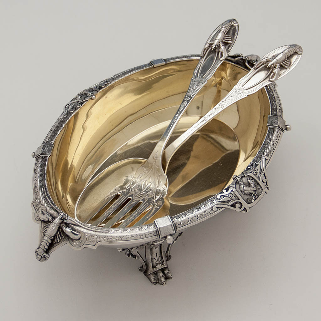 Interior of Peter Krider Antique Sterling Silver Figural Salad Bowl with Krider &amp; Biddle Servers, Philadelphia, c. 1870