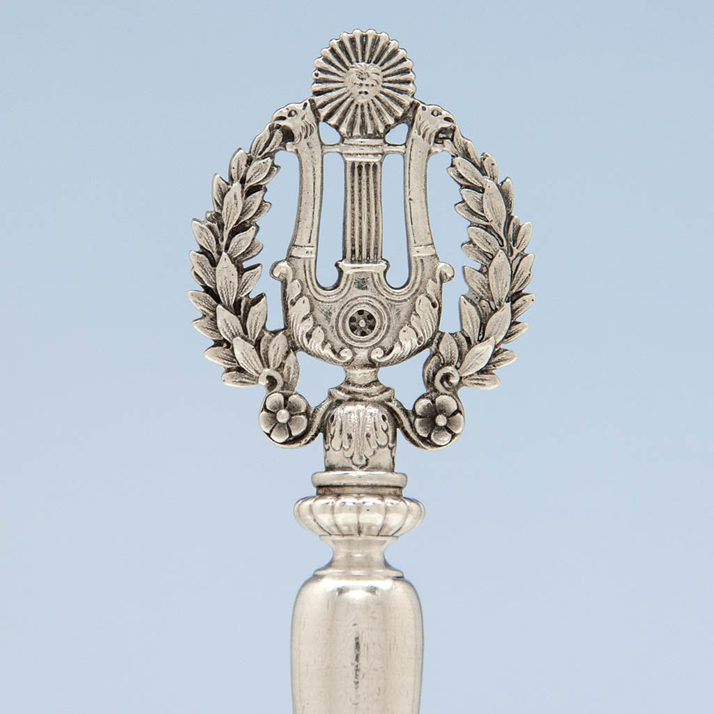Handle to Tiffany &amp; Co Antique Sterling Silver Lyre Design Bread Fork, NYC, c. 1880