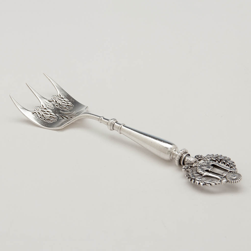 Tiffany & Co Antique Sterling Silver Lyre Design Bread Fork, NYC, c. 1880