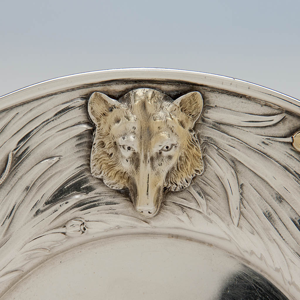 Fox on George Shiebler Antique Sterling Silver Plate with Applied Animals, New York City, c. 1890