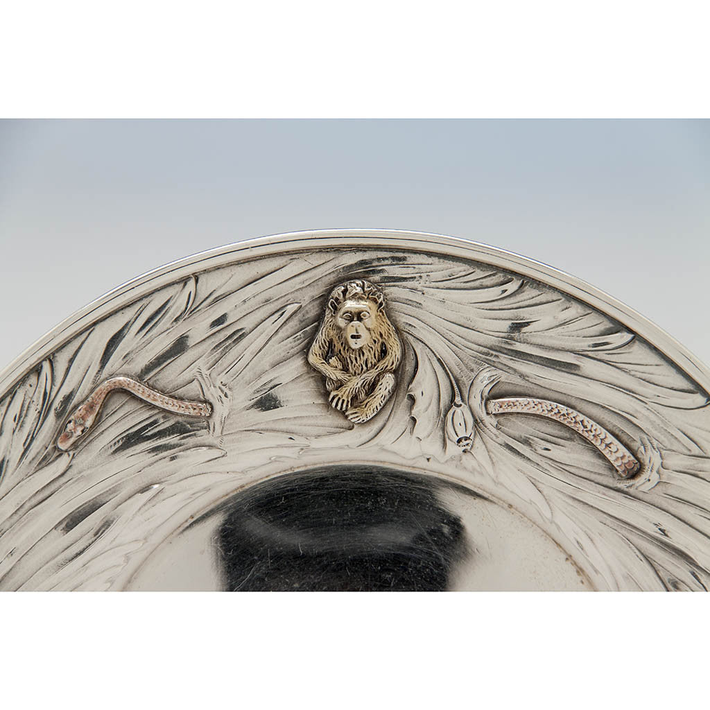 Monkey on George Shiebler Antique Sterling Silver Plate with Applied Animals, New York City, c. 1890