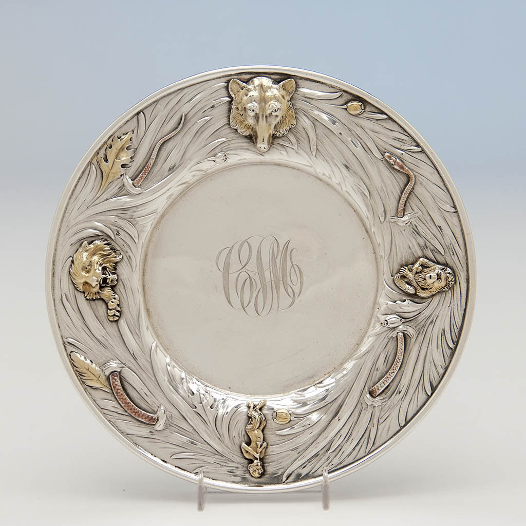 George Shiebler Antique Sterling Silver Plate with Applied Animals, New York City, c. 1890