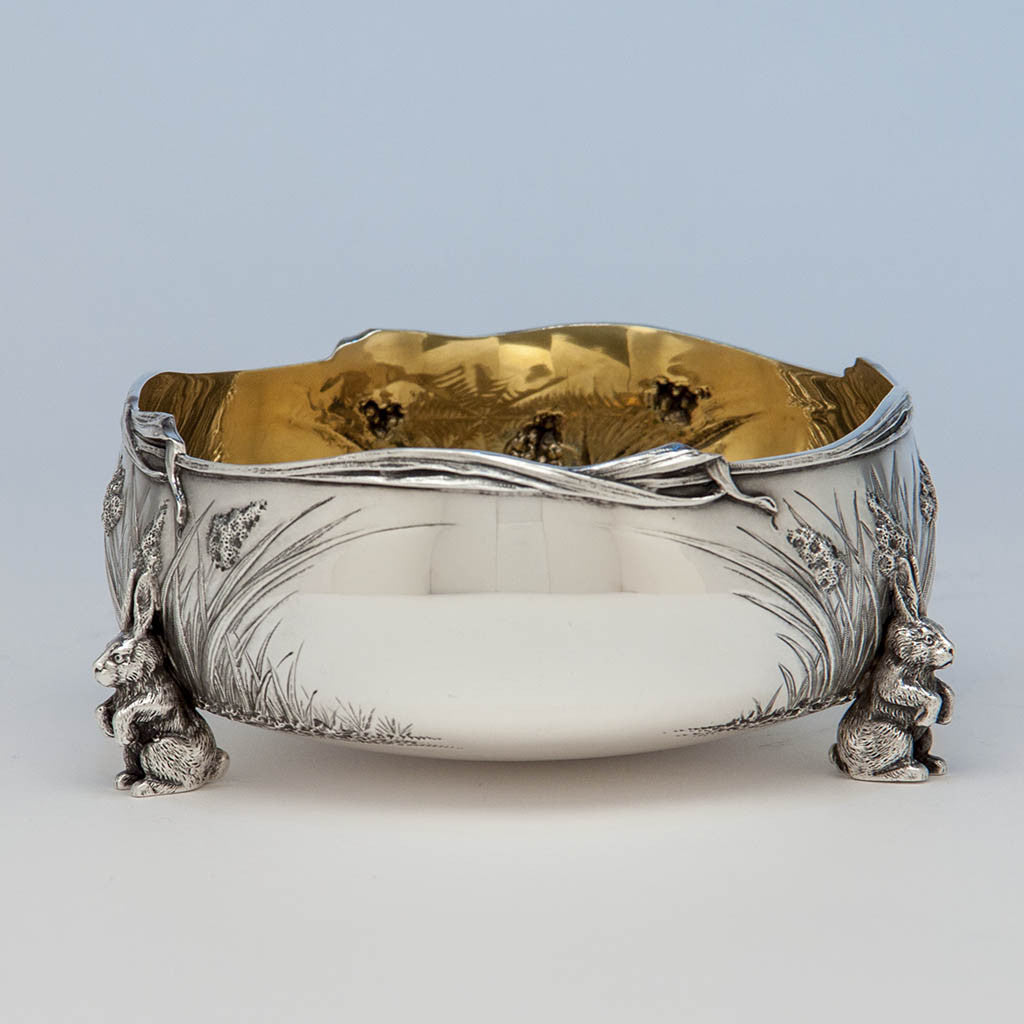 Black, Starr & Frost Antique Sterling Silver Figural Rabbits Bowl, New York City, c. 1900