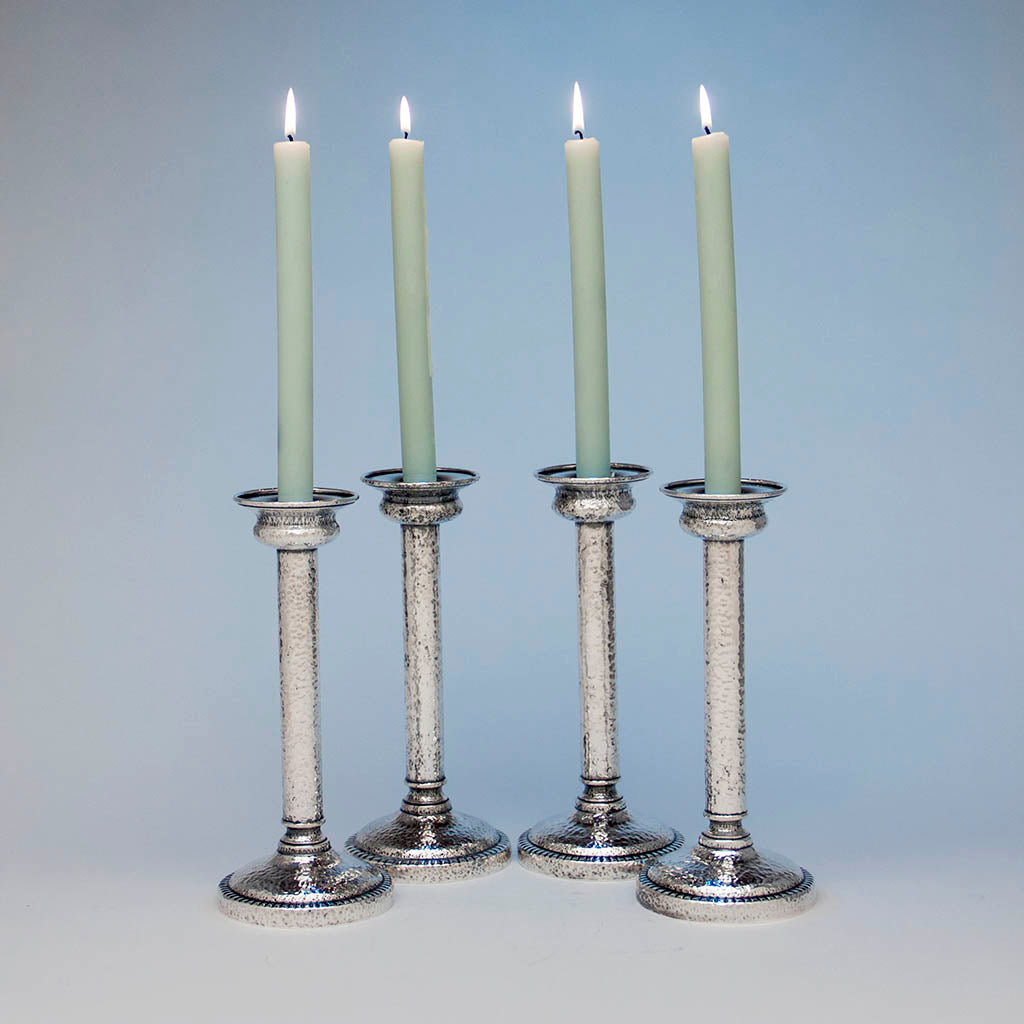 Joseph Heinrichs Silver Plate Hammered Arts & Crafts Candlesticks, New York City, c. 1910 - set of 4