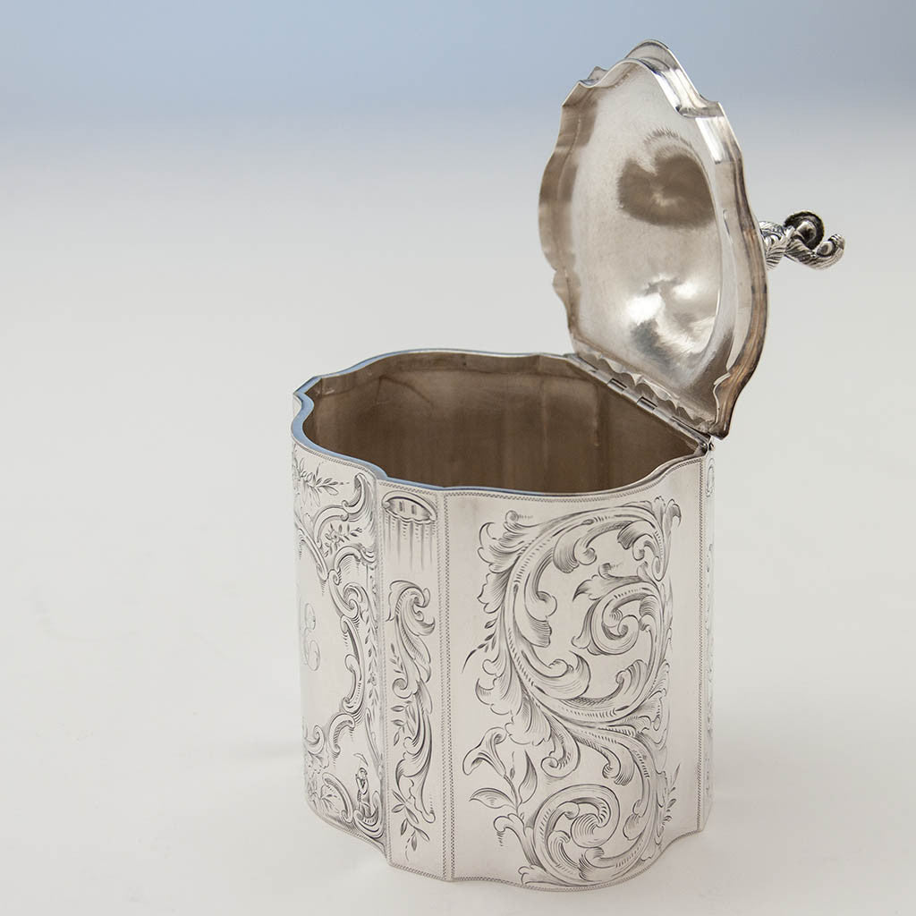 Open Lincoln &amp; Reed Antique Coin Silver Chinoiserie Tea Caddy, Boston, likely made by Eoff &amp; Phyfe, New York City, 1847