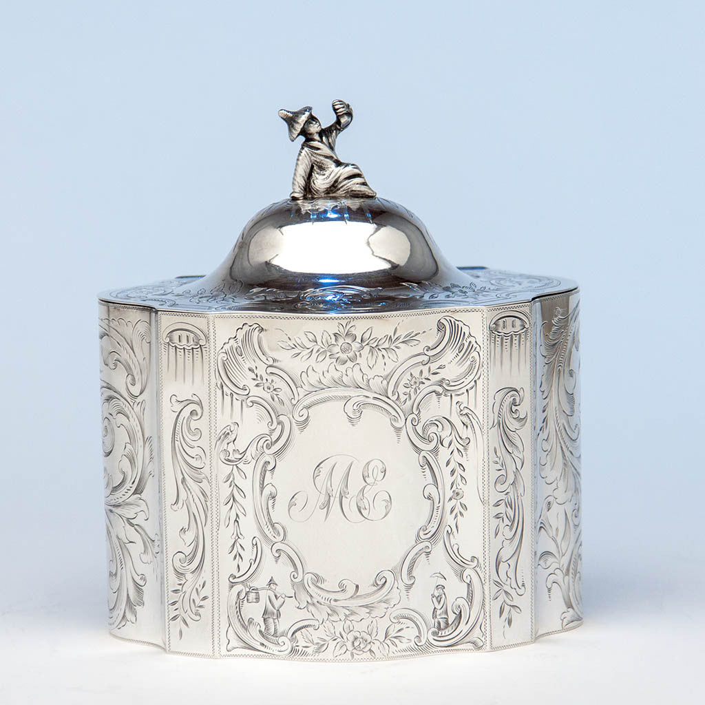Lincoln & Reed Antique Coin Silver Chinoiserie Tea Caddy, Boston, likely made by Eoff & Phyfe, New York City, 1847