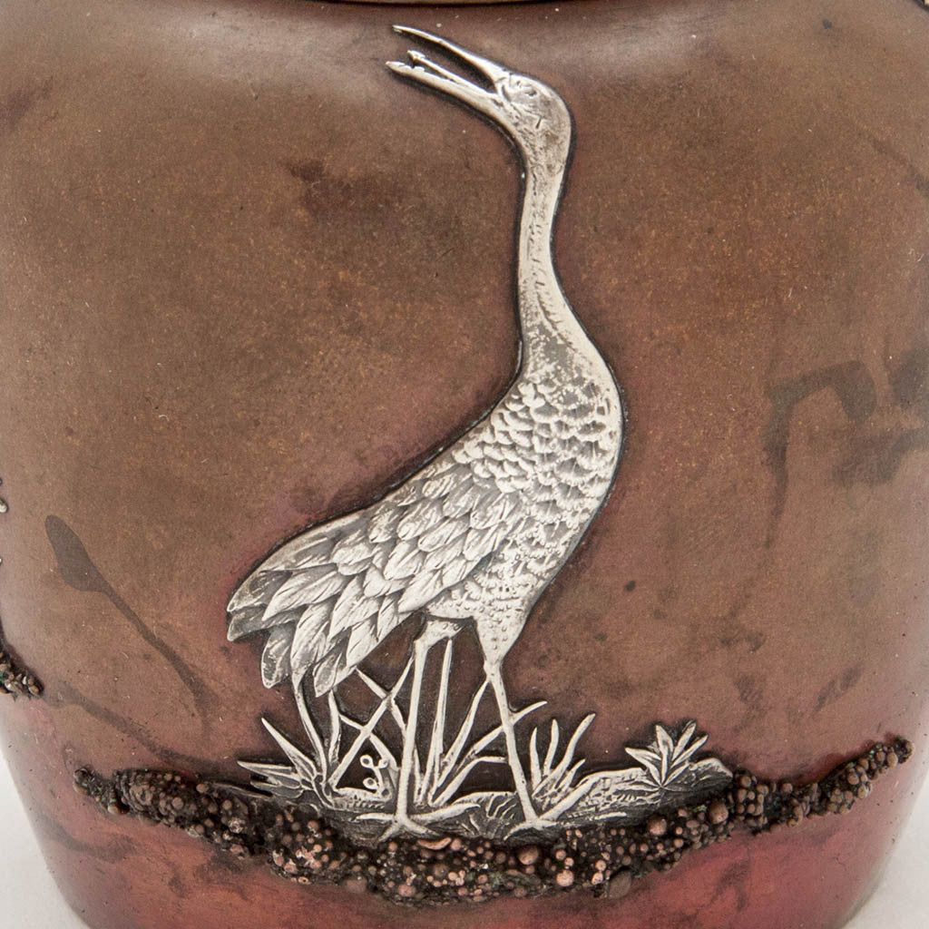 Egret on Gorham Antique Copper and Applied Silver Tea Caddy, Providence, RI, 1881