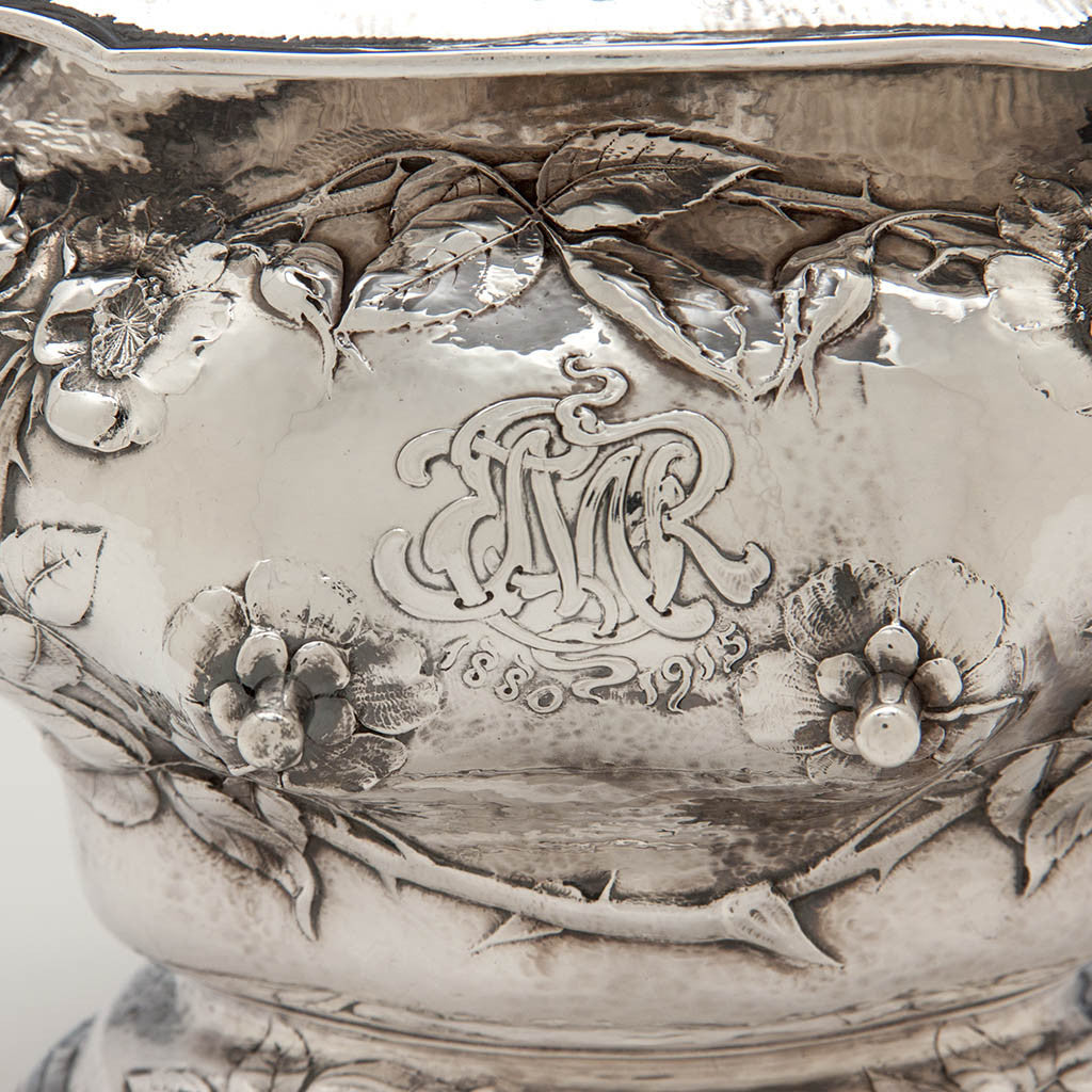 Monogram on Gorham Martelé Antique Silver Kettle on Stand chased by George Sauthof, Providence, RI, 1909