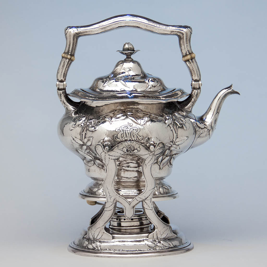 Gorham Martelé Antique Silver Kettle on Stand chased by George Sauthof, Providence, RI, 1909