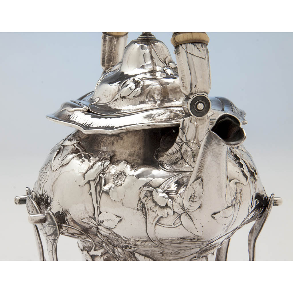 Spout to Gorham Martelé Antique Silver Kettle on Stand chased by George Sauthof, Providence, RI, 1909