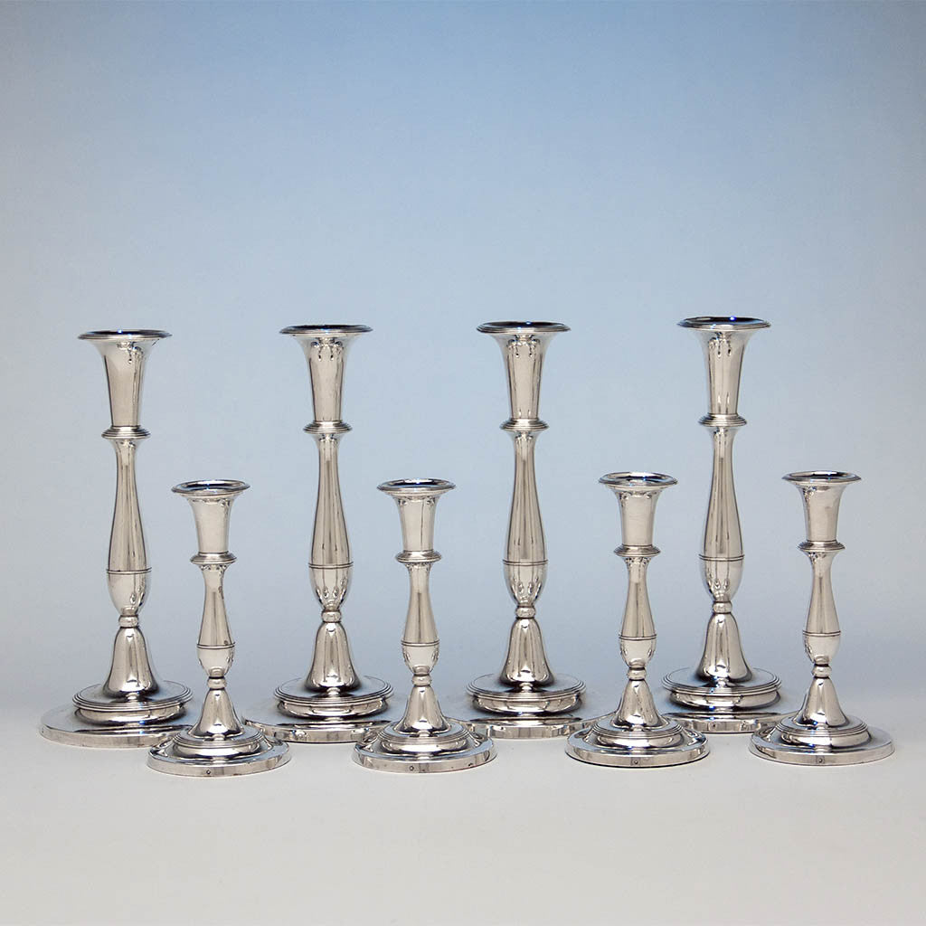 Matthew Boulton Antique Sheffield Plate Candlesticks, Birmingham, c. 1790 - suite of 8 candlesticks without candles