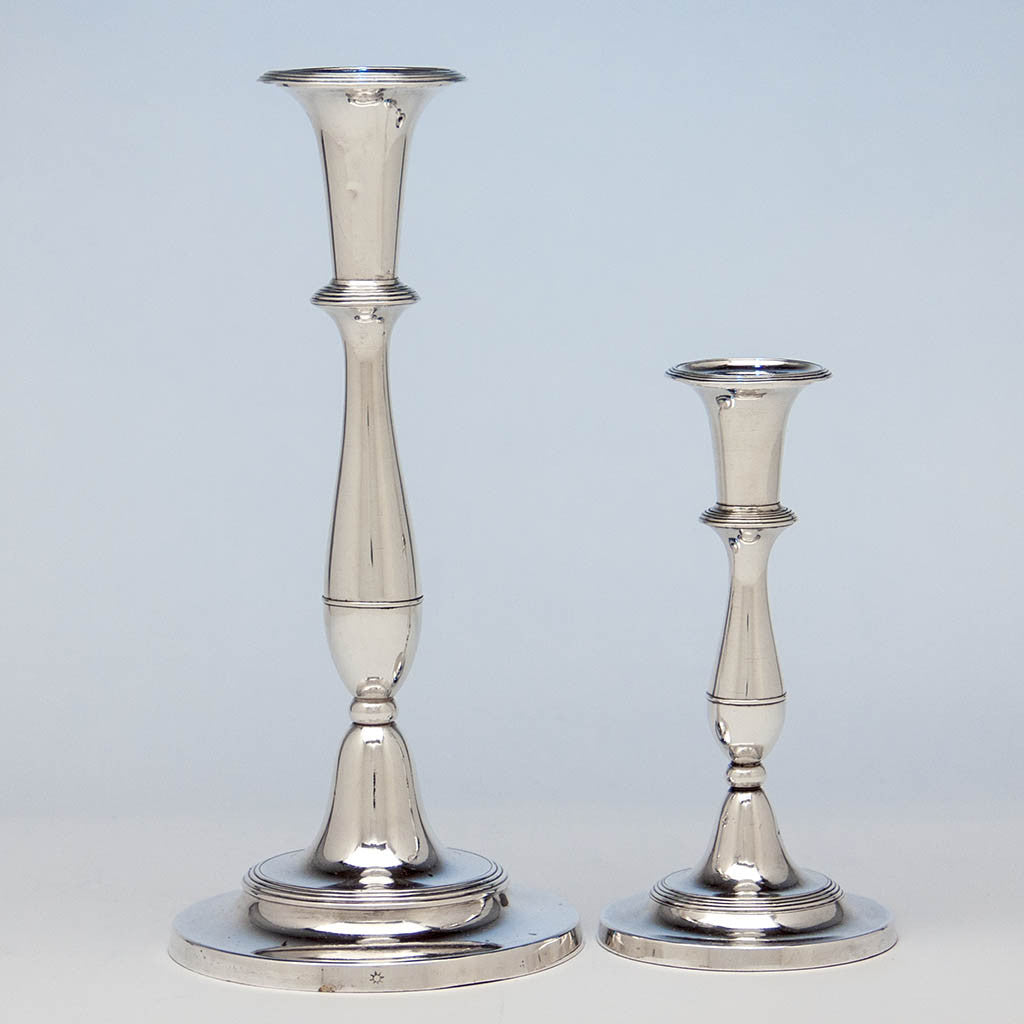 Closeup of Matthew Boulton Antique Sheffield Plate Candlesticks, Birmingham, c. 1790 - suite of 8 candlesticks