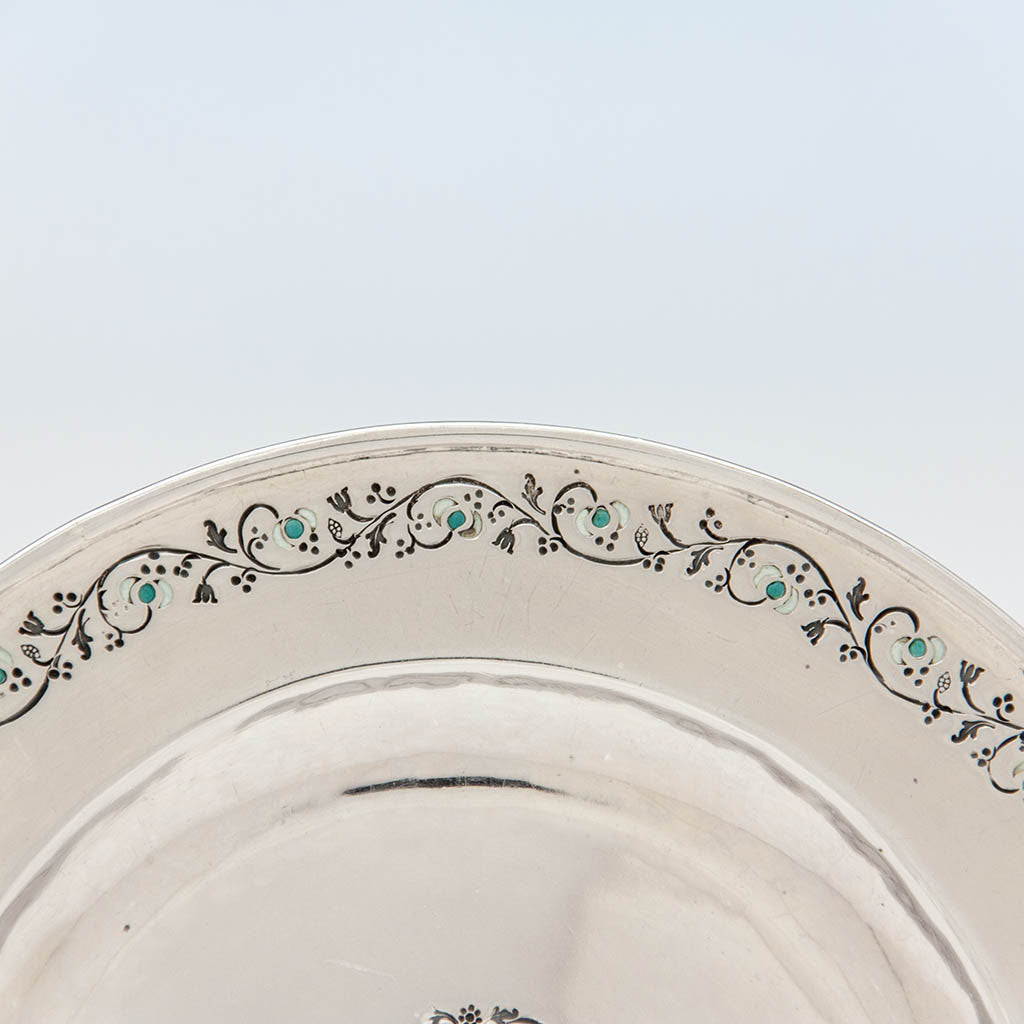 Border detail on Mary Catherine Knight Arts &amp; Crafts Sterling Silver &amp; Enamel Plate, Boston, c. 1915