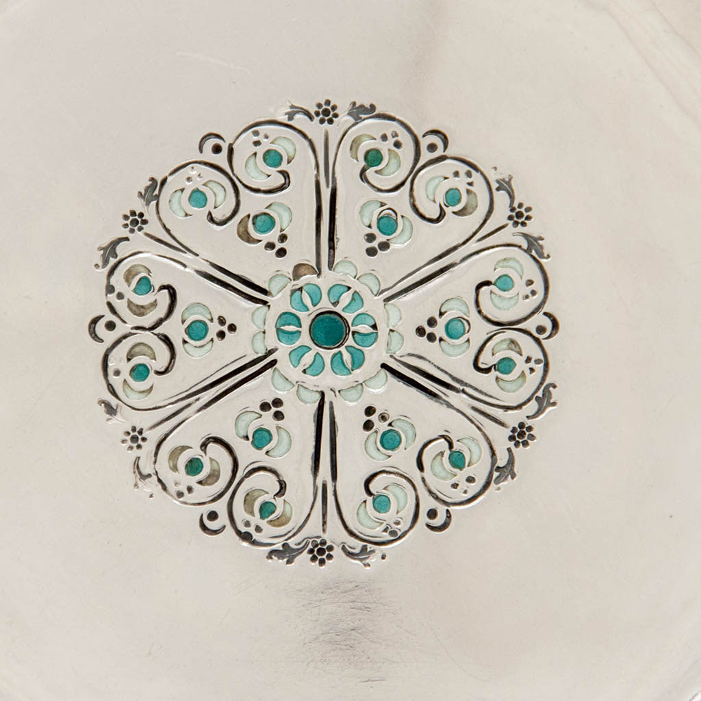 Enamel detail on Mary Catherine Knight Arts &amp; Crafts Sterling Silver &amp; Enamel Plate, Boston, c. 1915