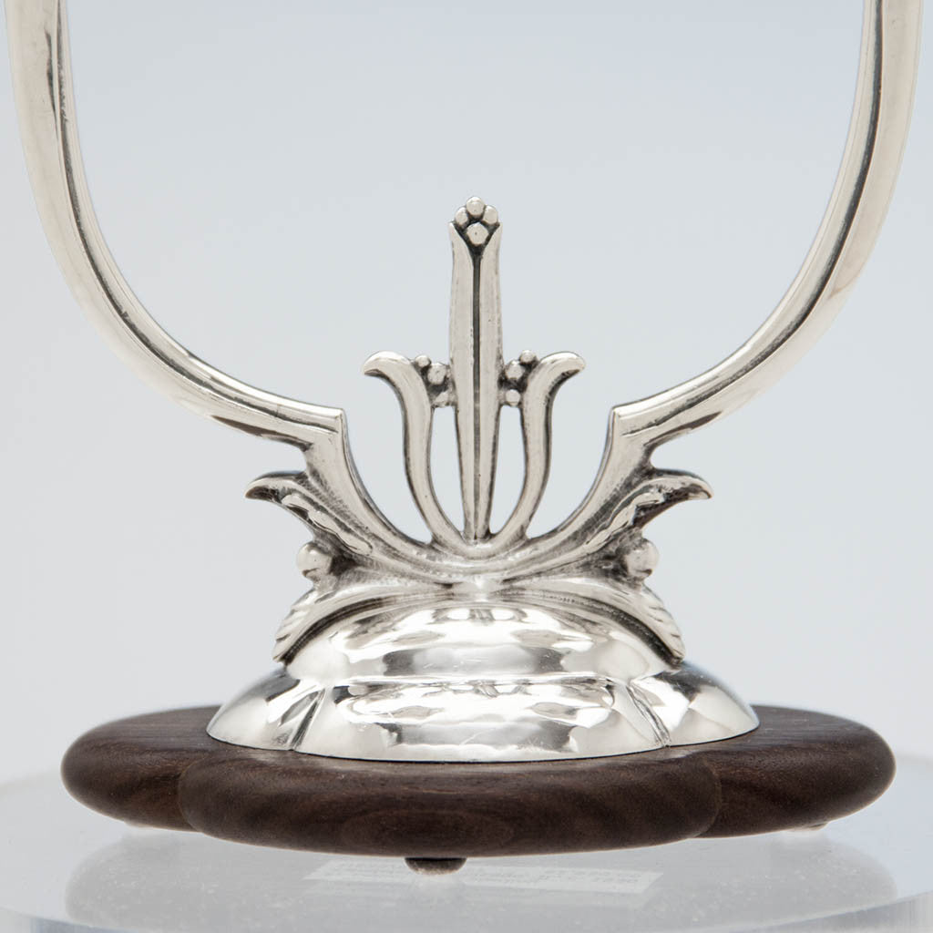 Closeup of Cellini Shop Sterling &amp; Rosewood Art Deco Candelabra, Evanston, IL, c. 1930