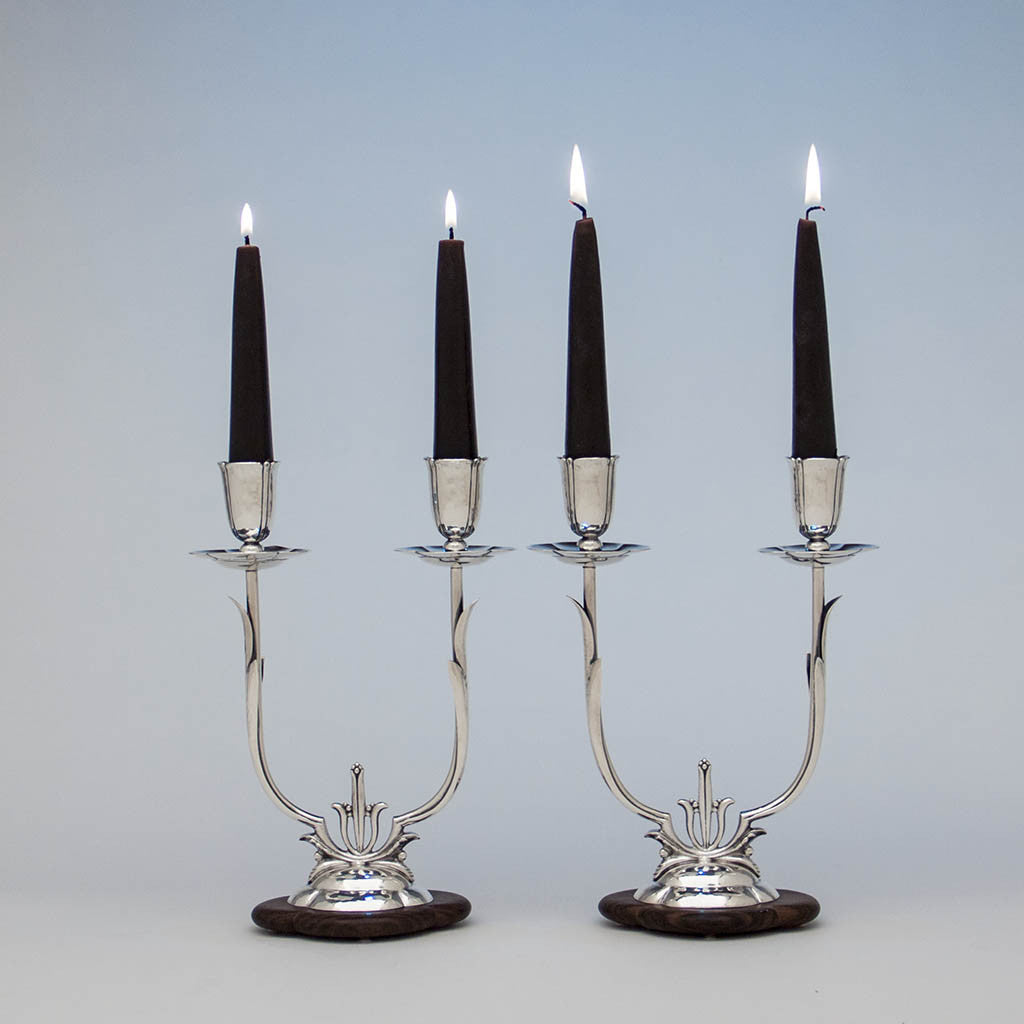 Cellini Shop Sterling & Rosewood Art Deco Candelabra, Evanston, IL, c. 1930