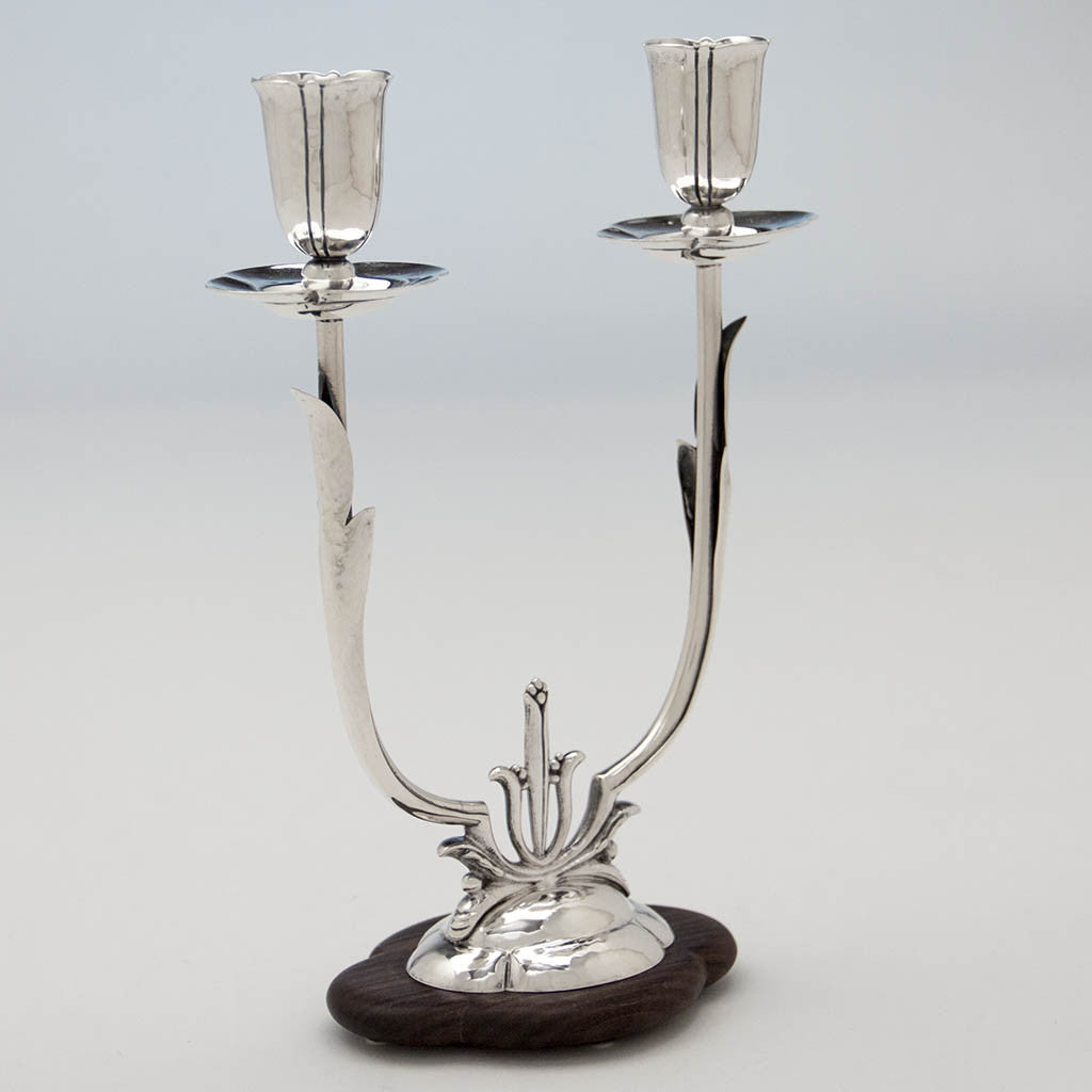 Single example of Cellini Shop Sterling &amp; Rosewood Art Deco Candelabra, Evanston, IL, c. 1930
