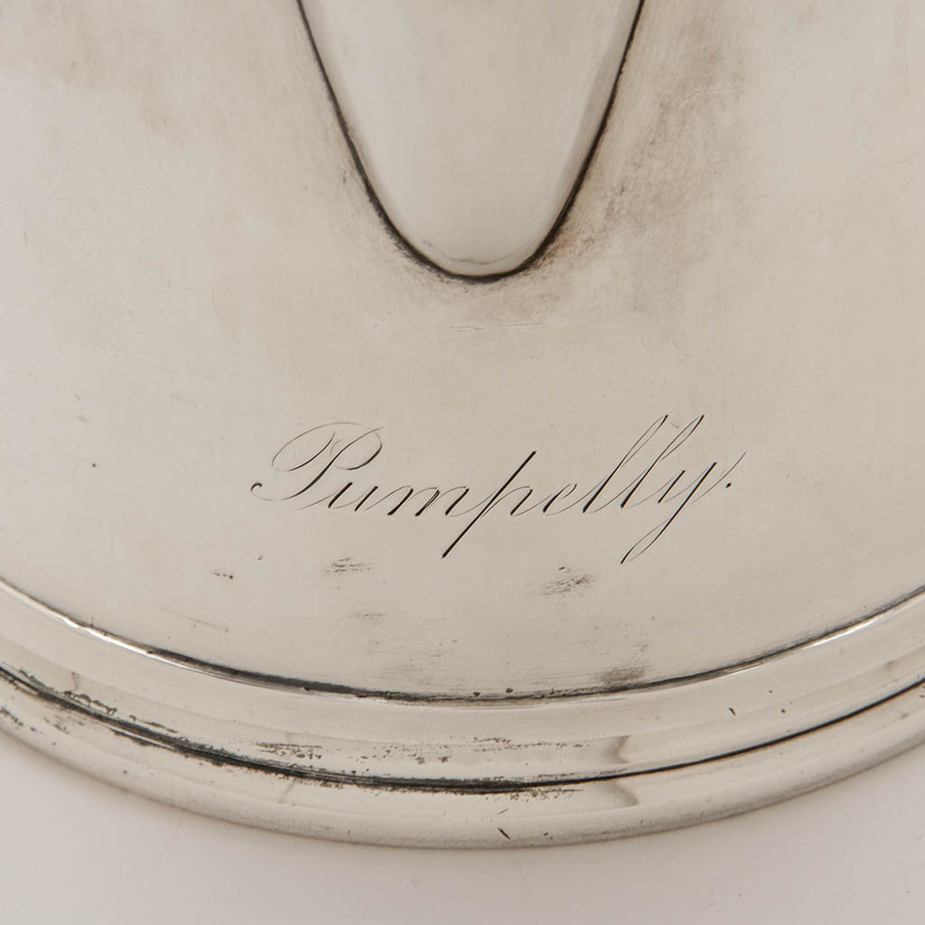 Engraving on Eoff &amp; Shepard Coin Silver Tankard-form Hot Beverage Jug or Pitcher bearing the Pumpelly family arms, New York City, 1852, retailed by Ball, Tompkins and Black