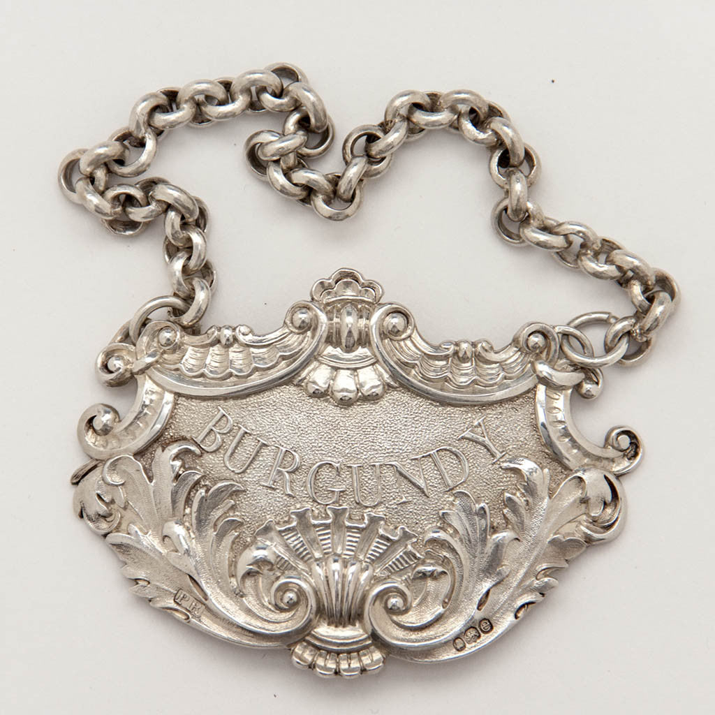 Burgundy detail of Philip Rundell English Antique Sterling Silver &#39;Claret&#39; and &#39;Burgundy&#39; Decanter Labels by, London, 1820/21