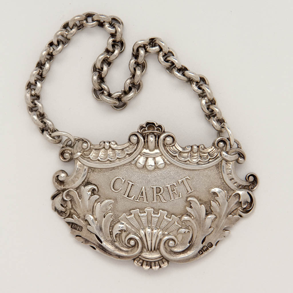 Claret detail of Philip Rundell English Antique Sterling Silver &#39;Claret&#39; and &#39;Burgundy&#39; Decanter Labels by, London, 1820/21