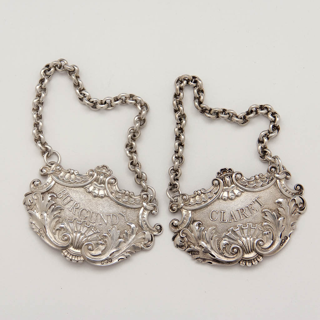 Philip Rundell English Antique Sterling Silver &#39;Claret&#39; and &#39;Burgundy&#39; Decanter Labels by, London, 1820/21