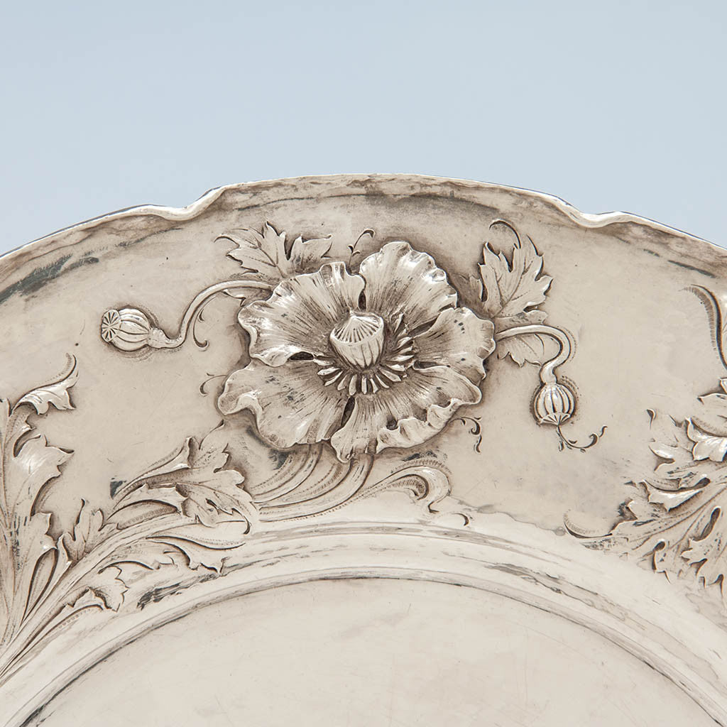 Flower detail on Black, Starr &amp; Frost Antique &#39;Martelé&#39; Sterling Silver Service Plates, NYC, c. 1905, bearing the Craven family arms