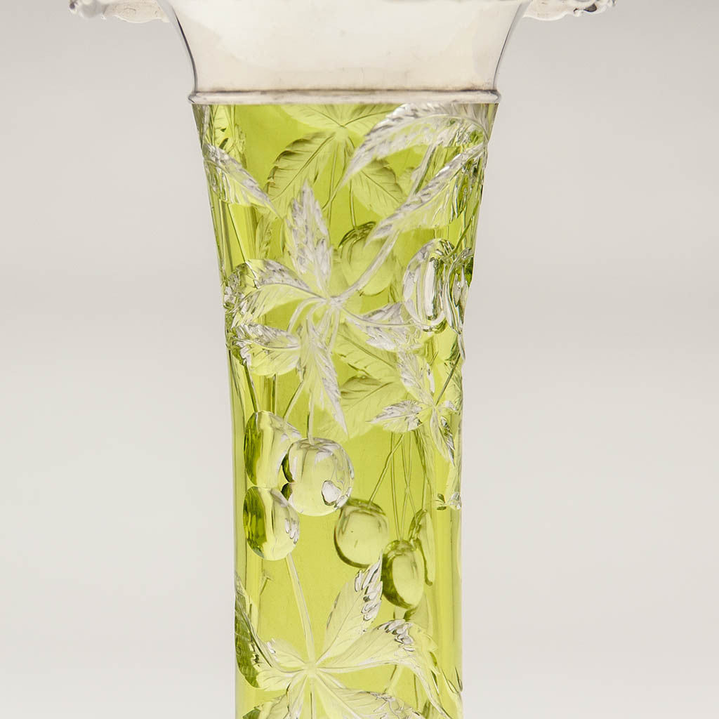 Glass closeup of Gorham Antique Sterling Silver Mounted Glass Vase, Providence, RI, c. 1905