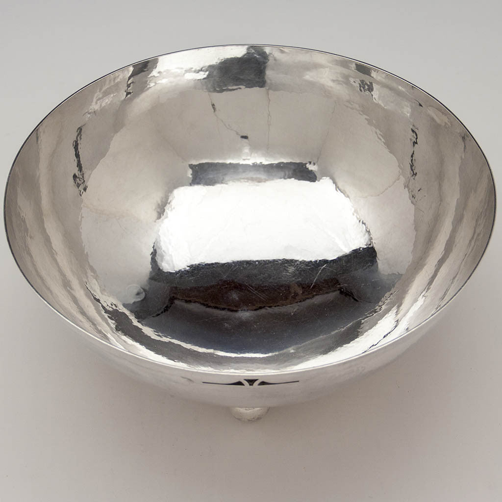 Interior of The Kalo Shop Arts &amp; Crafts Sterling Silver Hand Wrought Decorated Large Punch Bowl, Chicago, IL, 1912-16