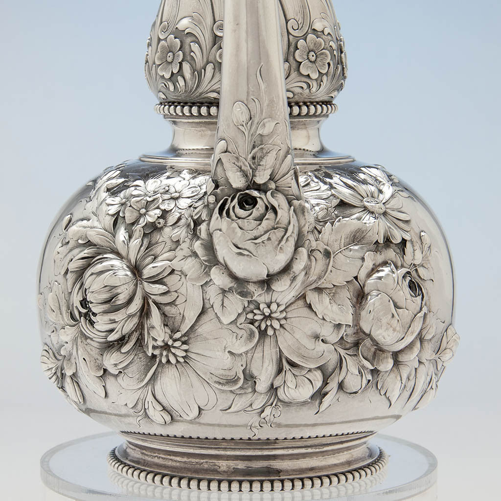 Floral details on Gorham Antique Sterling Silver &#39;Sample&#39; After-Dinner Coffee Pot, Providence, RI, 1896
