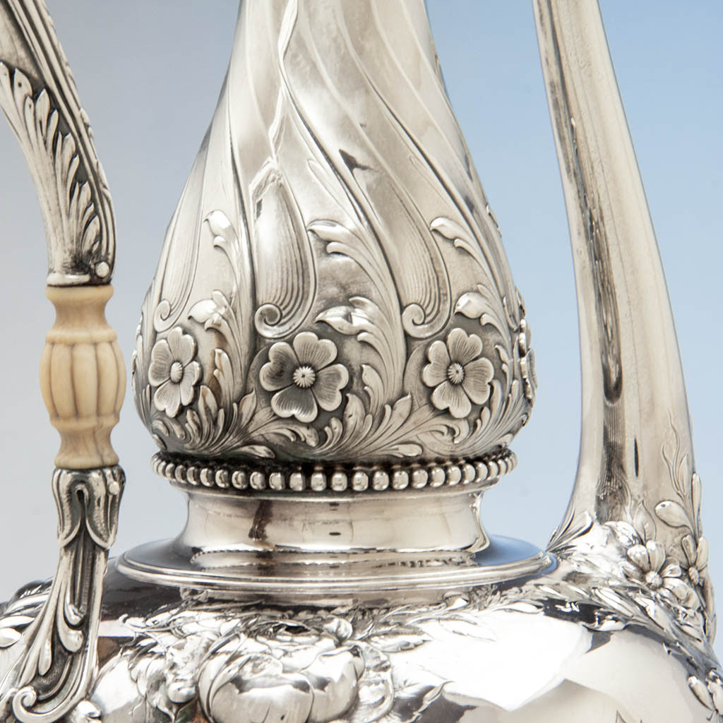 Exotic detail on Gorham Antique Sterling Silver &#39;Sample&#39; After-Dinner Coffee Pot, Providence, RI, 1896
