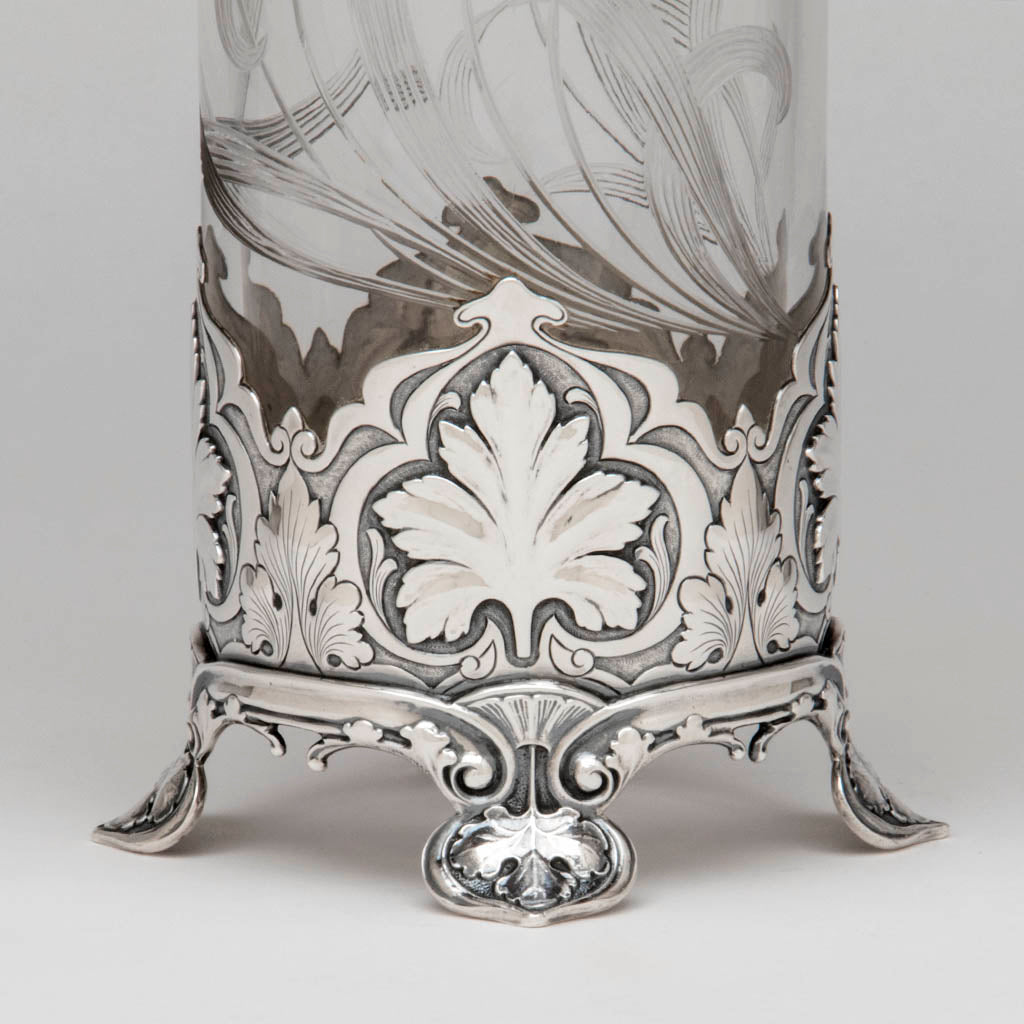 Base detail Gorham &#39;Athenic&#39; Antique Sterling Silver and Cut Glass Vase, Providence, RI, 1902