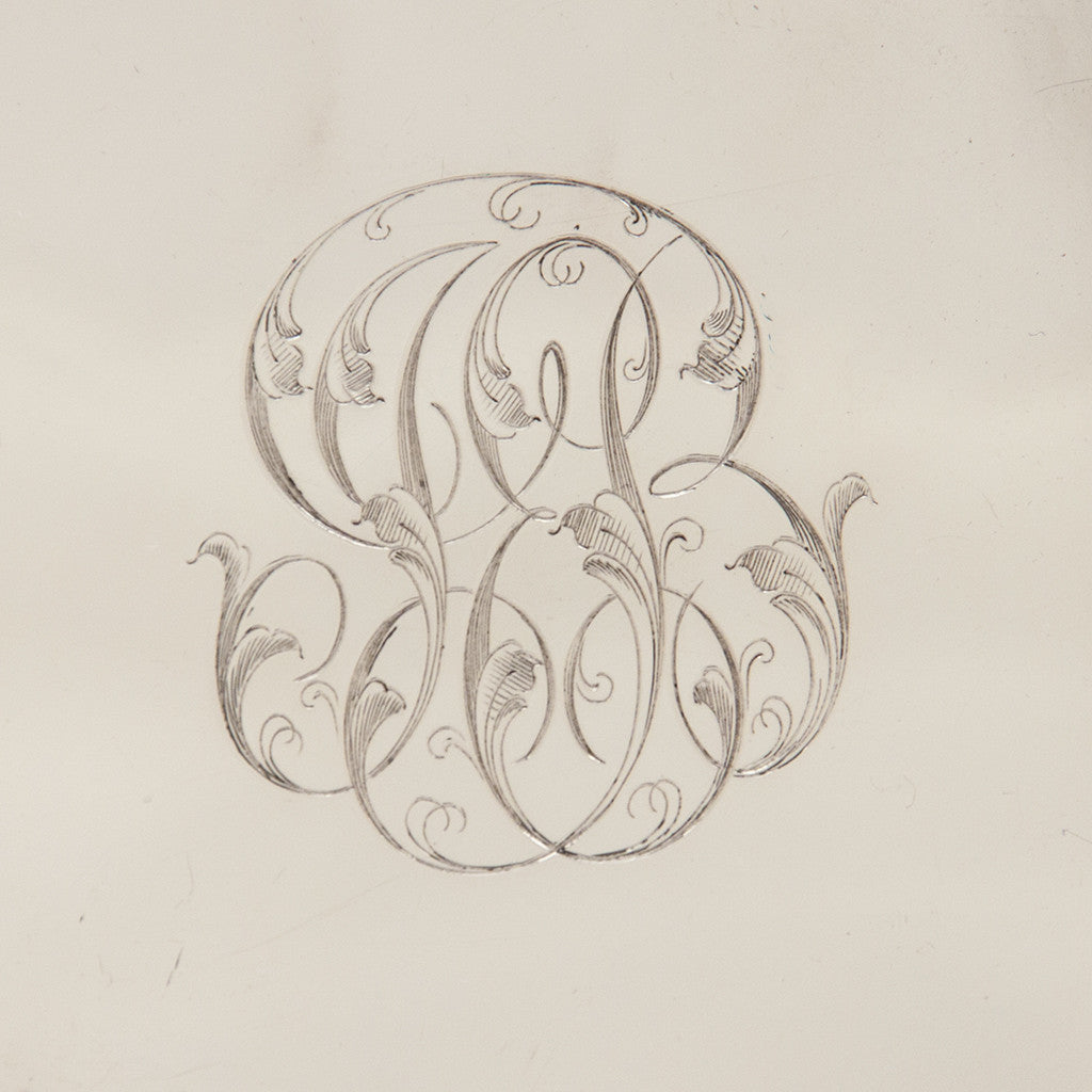 Monogram on Theodore B. Starr Antique Sterling Silver Cupid Serving Plate, New York City, c. 1900