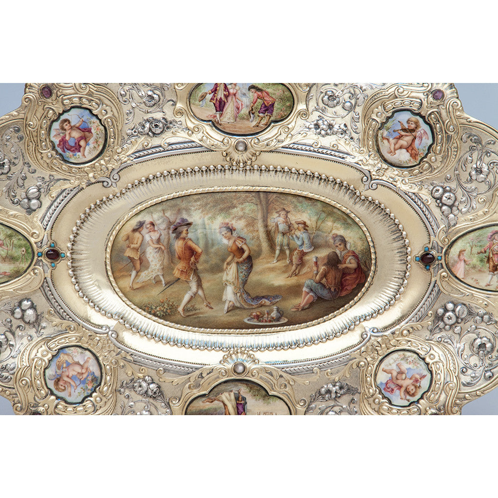 Central detail of Gorham - The Dancers: Parcel-Gilt, Enameled and Semiprecious Stone Set Antique Sterling Silver Tray, design attributed to William C. Codman, executed for the 1893 World&#39;s Columbian Exposition in Chicago, Providence and New York City, c. 1893