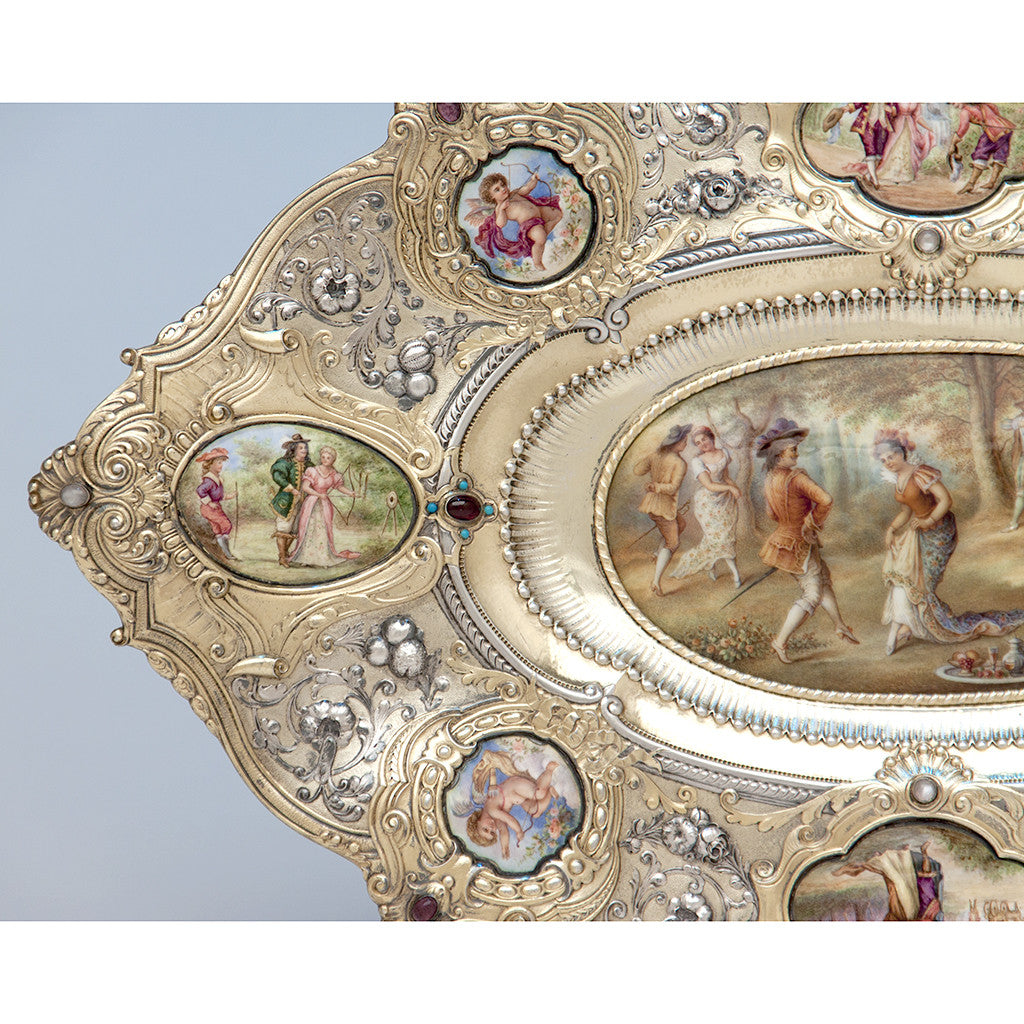 Left side of Gorham - The Dancers: Parcel-Gilt, Enameled and Semiprecious Stone Set Antique Sterling Silver Tray, design attributed to William C. Codman, executed for the 1893 World&#39;s Columbian Exposition in Chicago, Providence and New York City, c. 1893