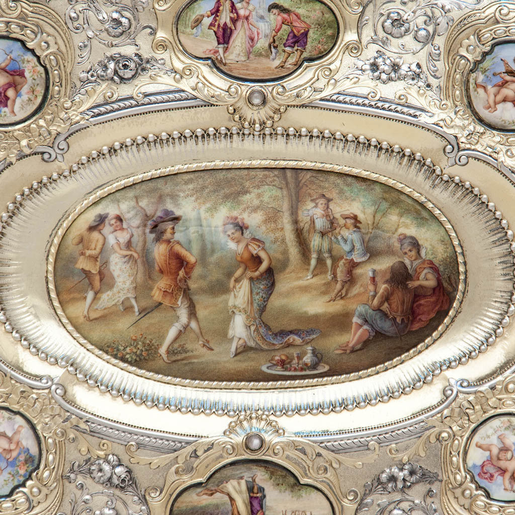 Central enamel of Gorham - The Dancers: Parcel-Gilt, Enameled and Semiprecious Stone Set Antique Sterling Silver Tray, design attributed to William C. Codman, executed for the 1893 World&#39;s Columbian Exposition in Chicago, Providence and New York City, c. 1893
