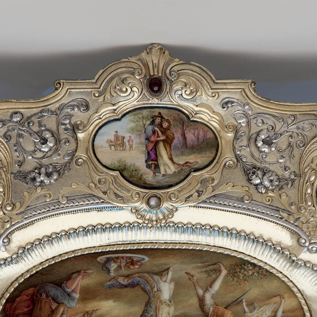 Top center enamel on Gorham - The Dancers: Parcel-Gilt, Enameled and Semiprecious Stone Set Antique Sterling Silver Tray, design attributed to William C. Codman, executed for the 1893 World&#39;s Columbian Exposition in Chicago, Providence and New York City, c. 1893