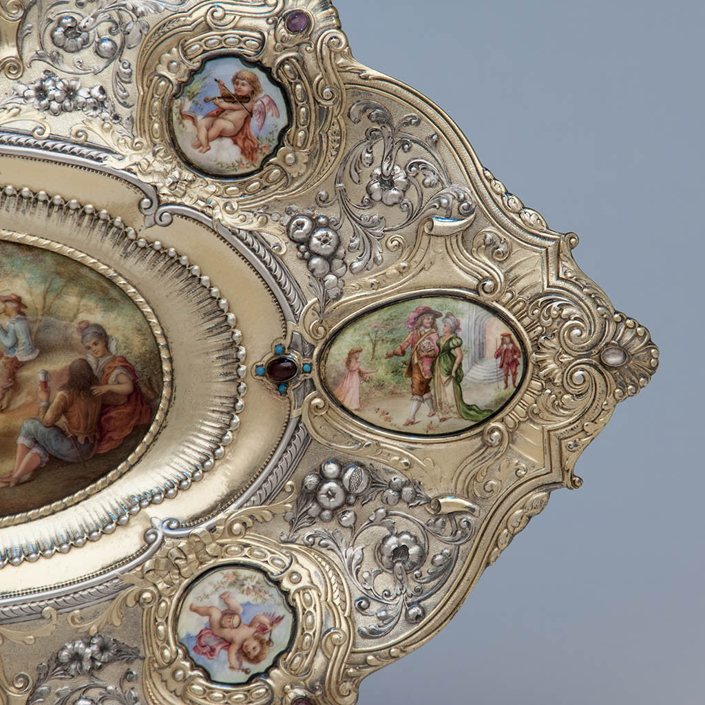 Right detail of Gorham - The Dancers: Parcel-Gilt, Enameled and Semiprecious Stone Set Antique Sterling Silver Tray, design attributed to William C. Codman, executed for the 1893 World&#39;s Columbian Exposition in Chicago, Providence and New York City, c. 1893